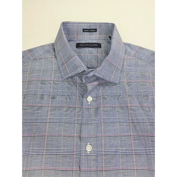 Tommy Hilfiger Slim Fit Stretch Size 16 34/35 Large Mens Blue White Plaid NWT - Picture 1 of 11